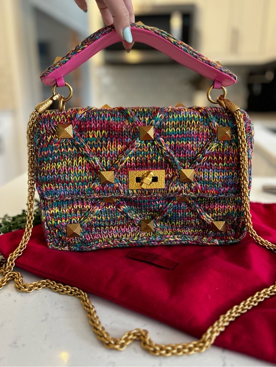 Valentino Handbags - Valentino Multicolor Knit Shoulder Bag with Pink Top Handle and Gold Hardware